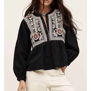 BA&SH AALEC Floral Embroidered Blouse Top Long-Sleeves Carbon Cotton S-1  287277
